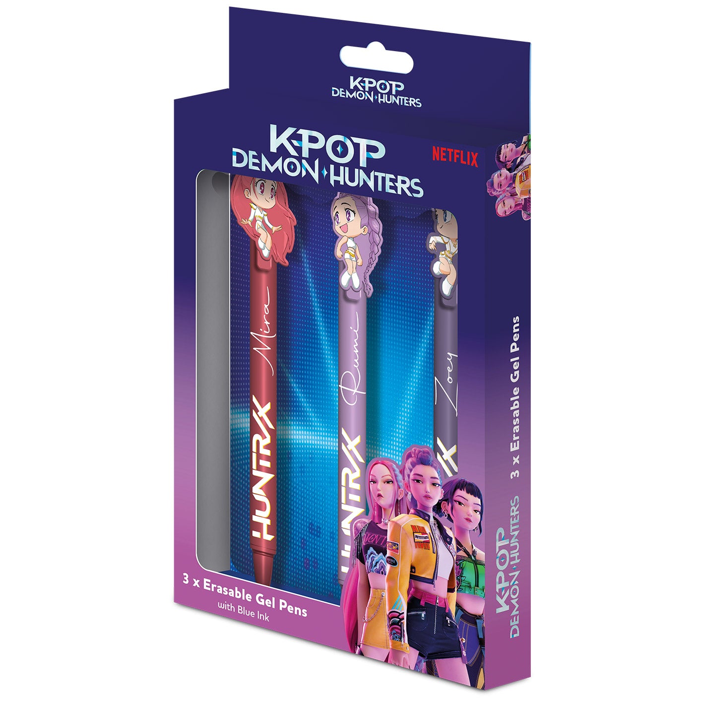 Ett set med tre färgglada gelpennor i en genomskinlig förpackning med ett trendigt K-pop-tema
