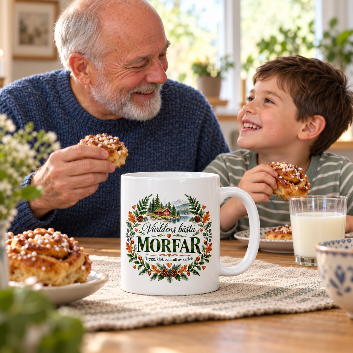 Vit mugg med röd stuga vid en sjö, löv, kottar och texten Världens bästa morfar – Trygg, klok och full av kärlek.
