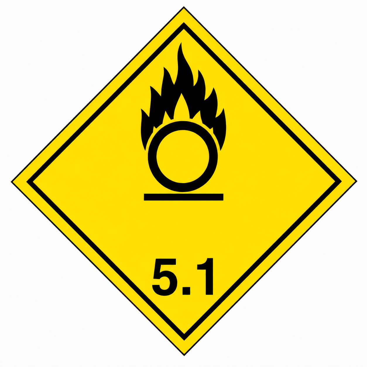 Farligt gods dekal Klass 5.1 för oxiderande ämnen med gul bakgrund, svart flamma över cirkel och märkning 5.1.