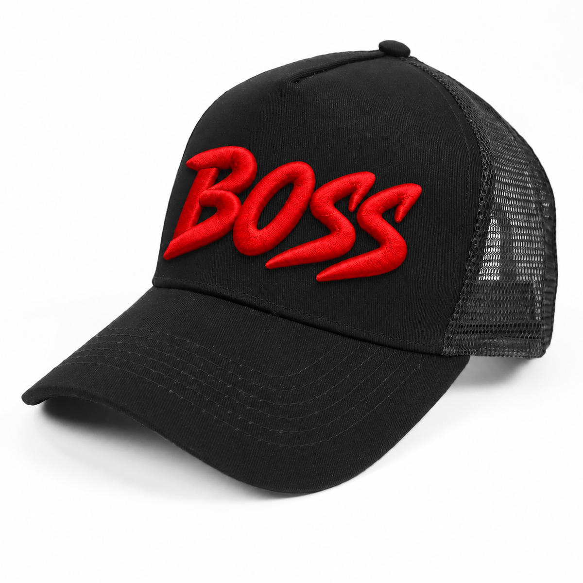 Boss barnkeps – svart truckerkeps med röd brodyr
