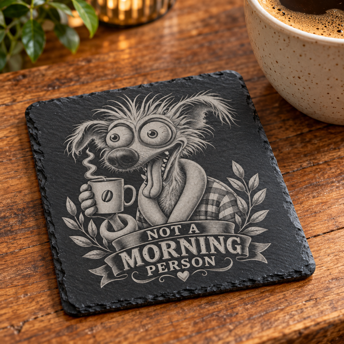 Glasunderlägg i skiffer med gravyr – Not a Morning Person, 4-pack