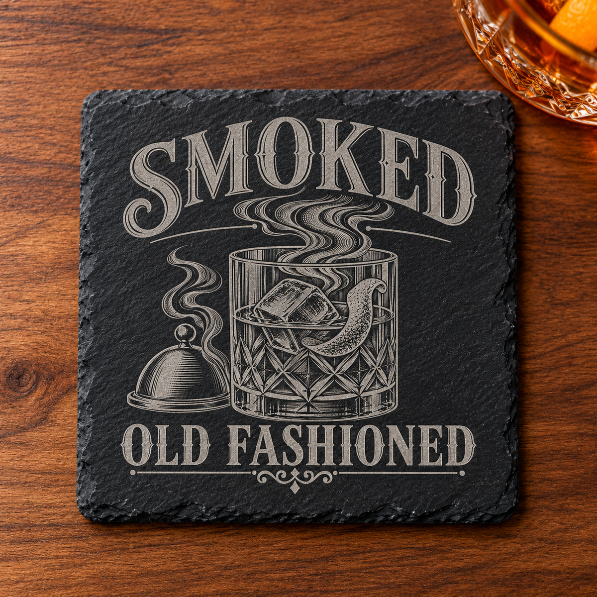 Glasunderlägg i skiffer med gravyr – Smoked Old Fashioned, 4-pack