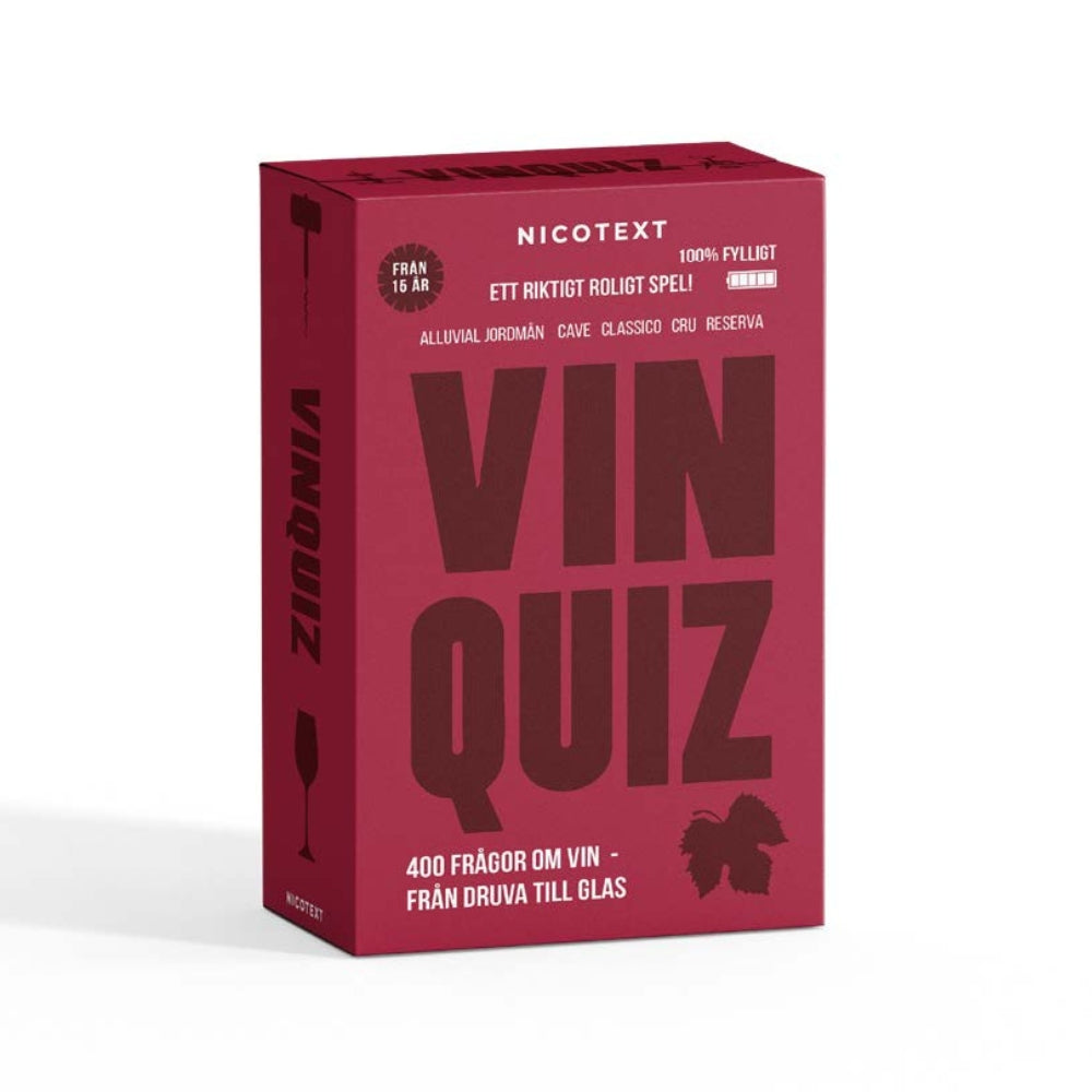 Vinquiz frågespel med 400 frågor om druvsorter, vinländer, mat och vin, vingårdar och vinhistoria.