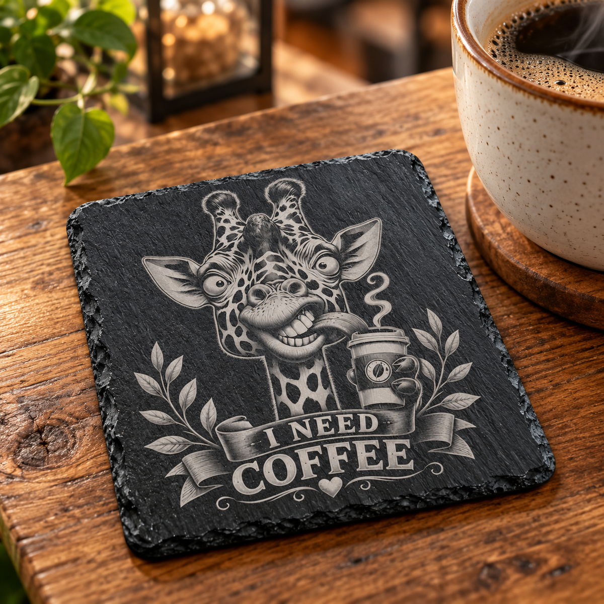 Glasunderlägg i skiffer med gravyr – I Need Coffee, 4-pack