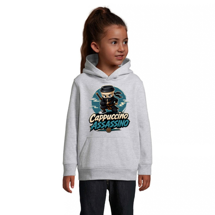 Cappuccino Assassino Ninja barnhoodie med stort tryck framtill