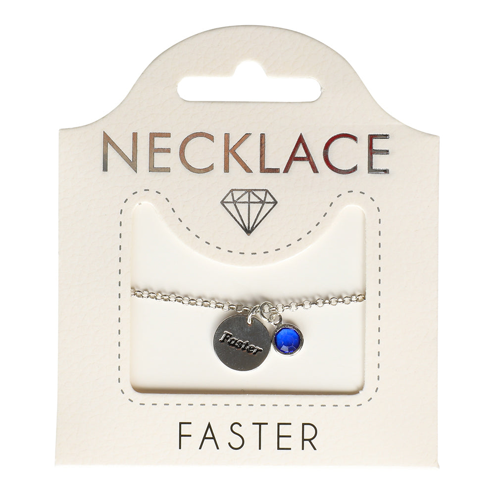 Elegant kopparpläterat halsband med texten Faster bakom glas.