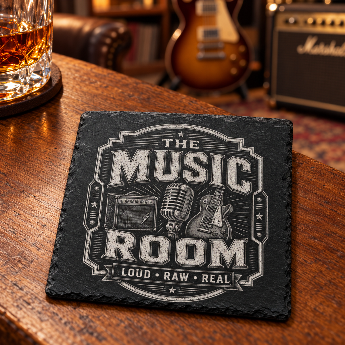 Glasunderlägg i skiffer med gravyr – The Music Room, 4-pack