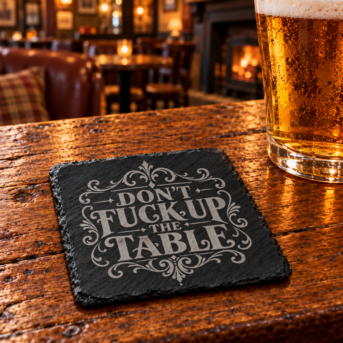Glasunderlägg i skiffer – Don’t Fuck Up the Table, 4-pack