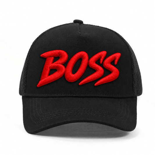 Boss barnkeps – svart truckerkeps med röd brodyr