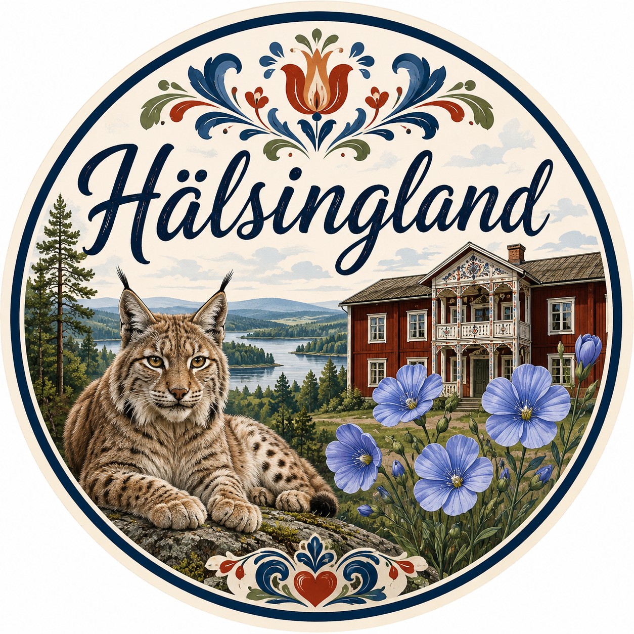 Hälsingland rund dekal – Lodjur, Hälsingegård & svensk natur