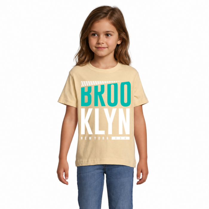 Brooklyn T-shirt barn – turkost och vitt texttryck