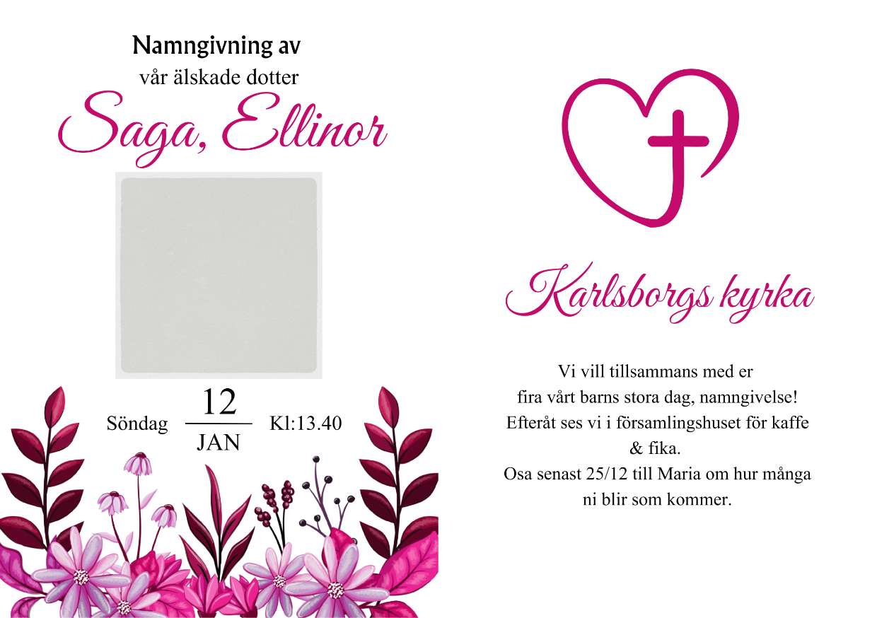 Inbjudan till namngivelse med egen bild & text - Saga dubbelsidig