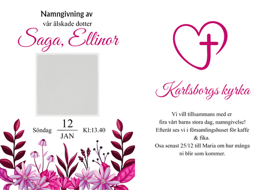 Inbjudan till namngivelse med egen bild & text - Saga dubbelsidig