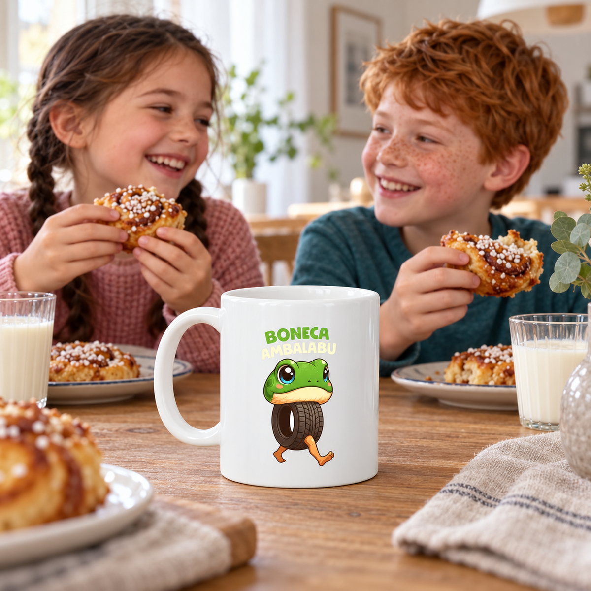 Vit mugg med texten Boneca Ambalabu och en tecknad figur med grönt grodhuvud, däck som kropp och två ben.