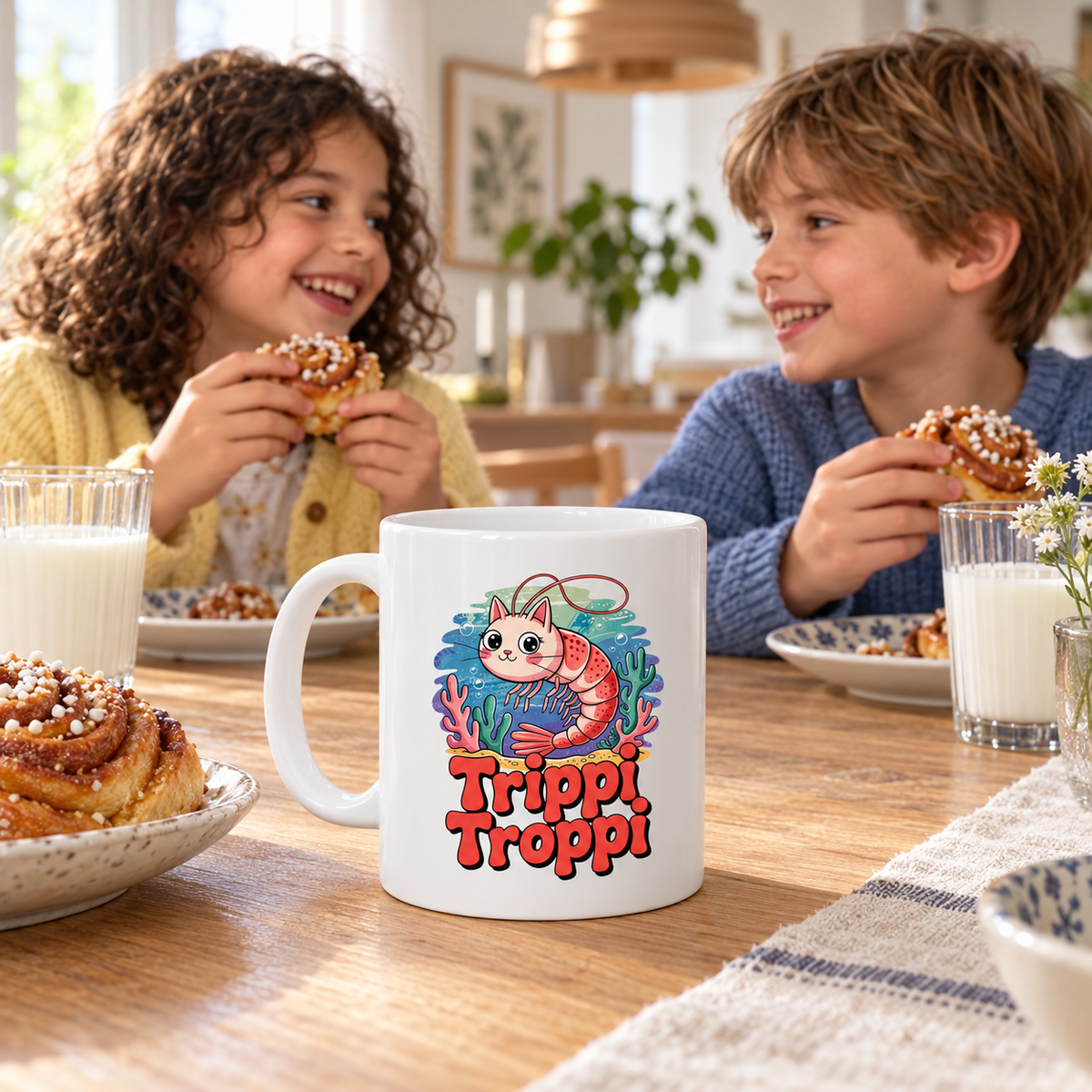 Vit mugg med Trippi Troppi som en rosa katt med räkkropp bland färgglada koraller och bubblor, ovanför röd text.