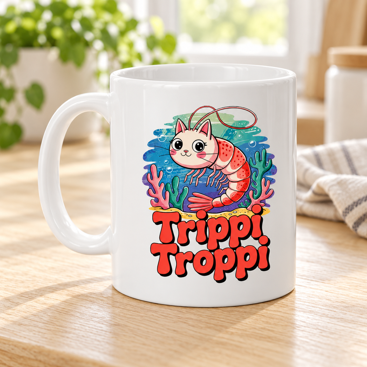 Vit mugg med Trippi Troppi som en rosa katt med räkkropp bland färgglada koraller och bubblor, ovanför röd text.