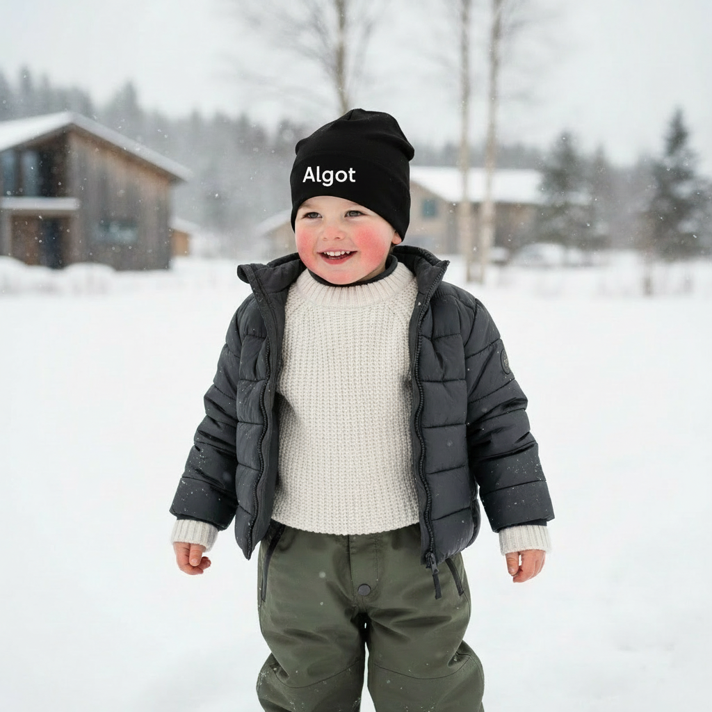 Barn med svart Edda-mössa med namnet Algot