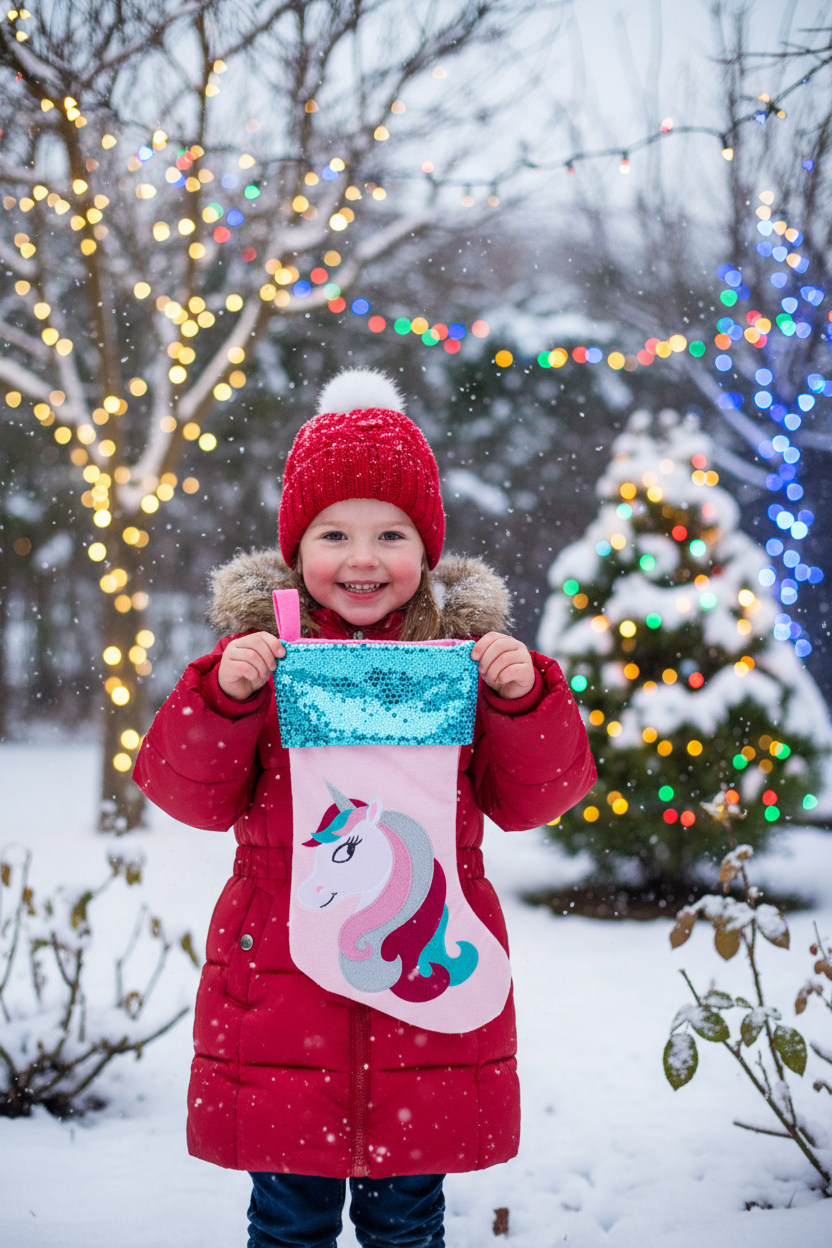 Julbild utomhus snö med unicorn julstrumpa