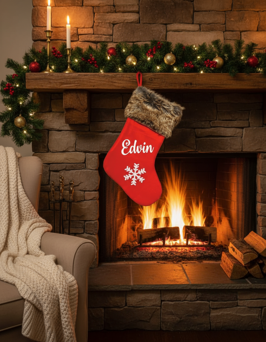 Julstrumpa vid öppen spis