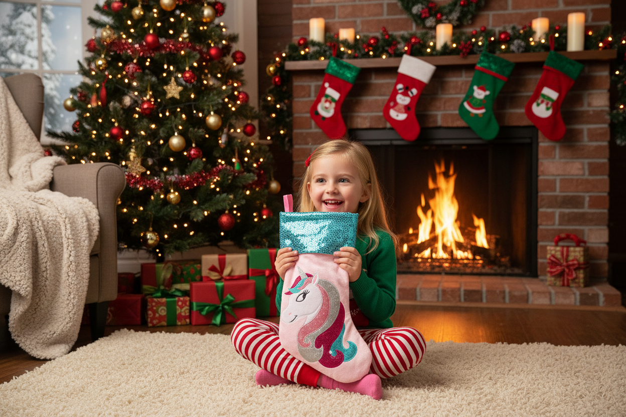 Mysig julbild med barn och unicorn-julstrumpa