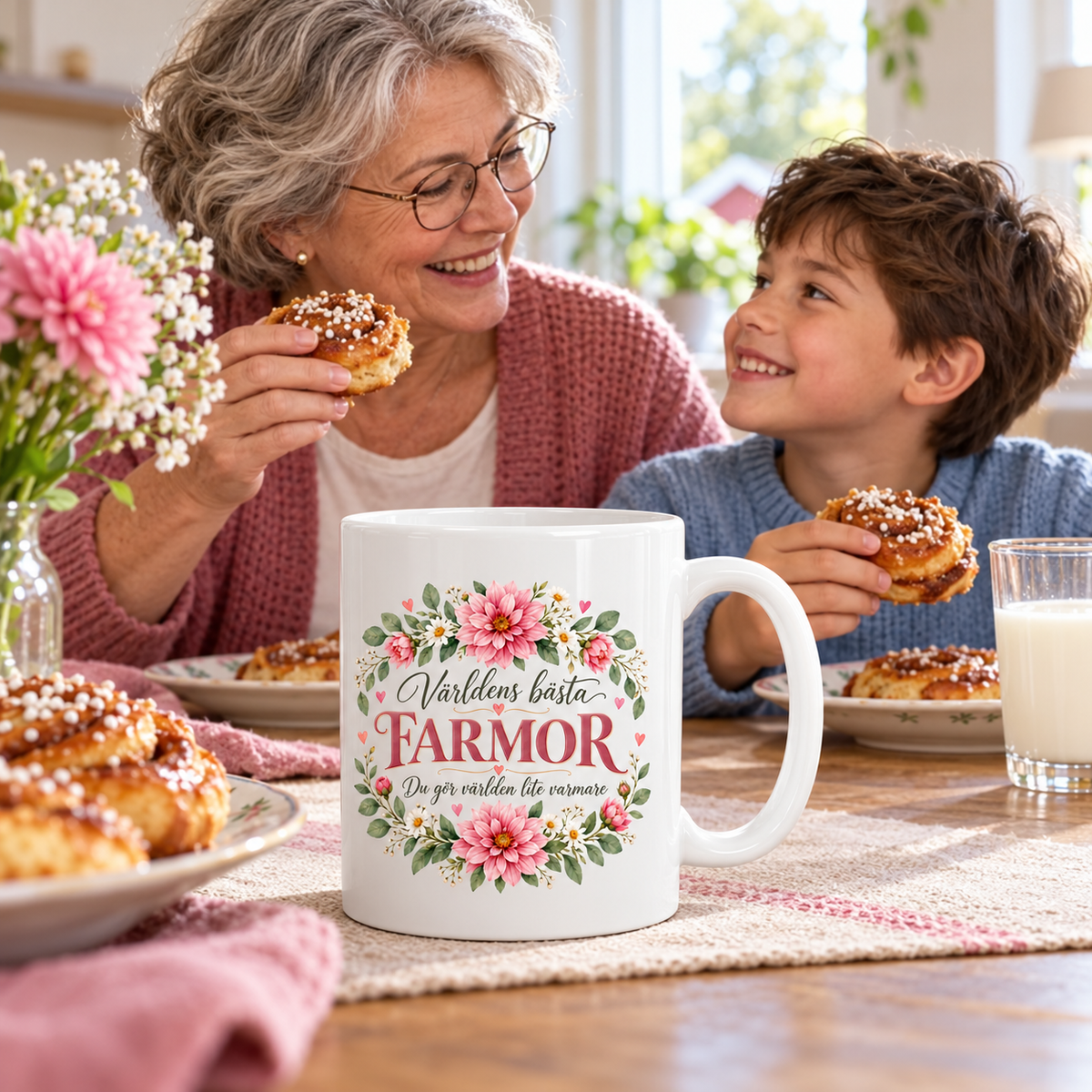 Mugg Världens bästa farmor – Rosa blommor