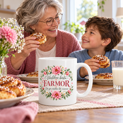 Mugg Världens bästa farmor – Rosa blommor