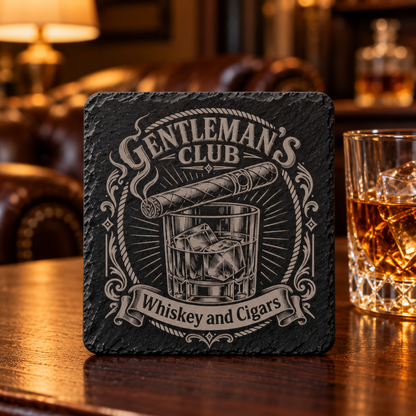 Glasunderlägg i skiffer med whiskyglas, cigarr och texten Gentleman’s Club – Whiskey and Cigars i en dekorativ ram.