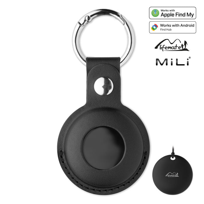 Framsida av svart MiLi Lifemate Life Tag Duo smart tracker i PU-fodral med silverfärgad nyckelring, med märkning för Apple Find My och Google Find Hub.