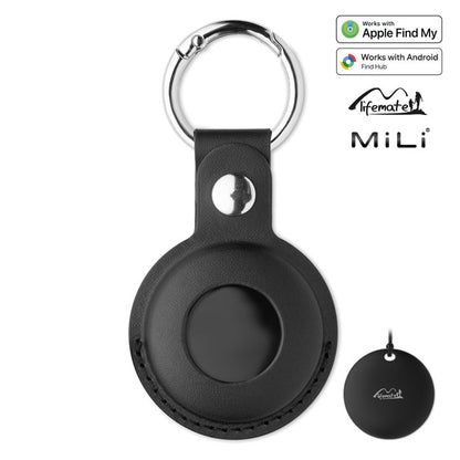 Framsida av svart MiLi Lifemate Life Tag Duo smart tracker i PU-fodral med silverfärgad nyckelring, med märkning för Apple Find My och Google Find Hub.