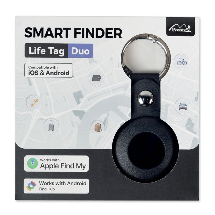 Svart MiLi Lifemate Life Tag Duo smart tracker med PU-fodral och nyckelring i förpackning märkt med Apple Find My och Android Find Hub.