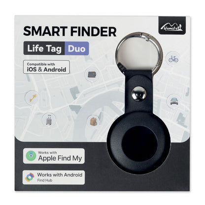 Svart MiLi Lifemate Life Tag Duo smart tracker med PU-fodral och nyckelring i förpackning märkt med Apple Find My och Android Find Hub.