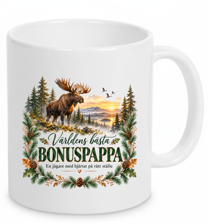 Mugg Världens bästa bonuspappa – Jaktmotiv med älg