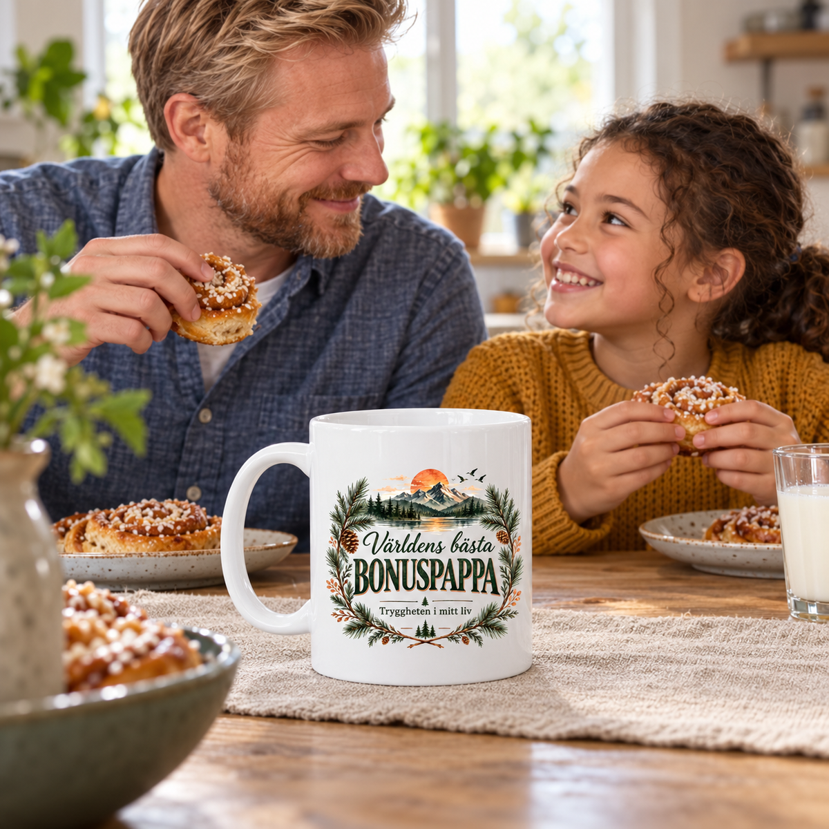 Vit mugg med röd stuga vid en sjö, kvistar, kottar och texten Världens bästa bonuspappa – Trygg, klok och full av kärlek.