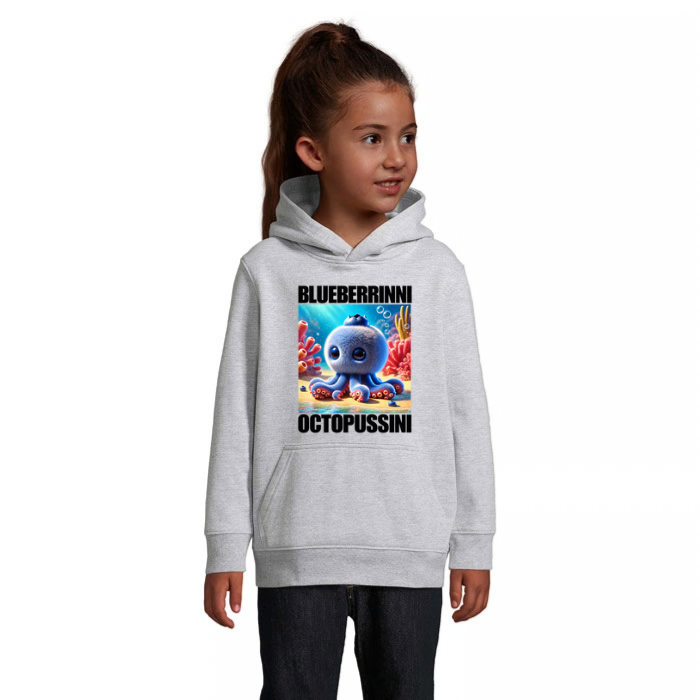Blueberrinni Octopussini barnhoodie med färgstarkt bläckfiskmotiv framtill