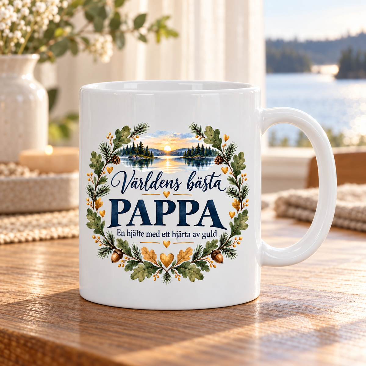 Vit mugg med sjö i solnedgång, gröna blad, guldfärgade hjärtan och texten Världens bästa pappa – En hjälte med ett hjärta av guld.
