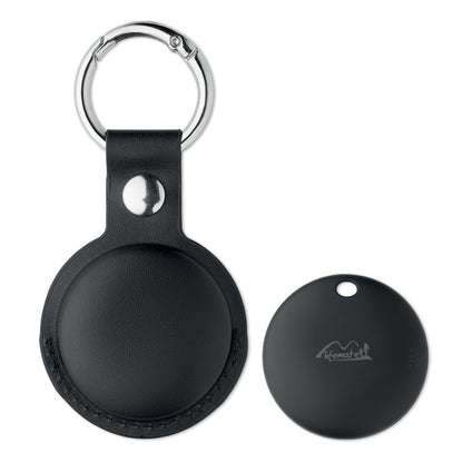 Baksida av svart MiLi smart tracker med matchande PU-fodral och silverfärgad nyckelring.