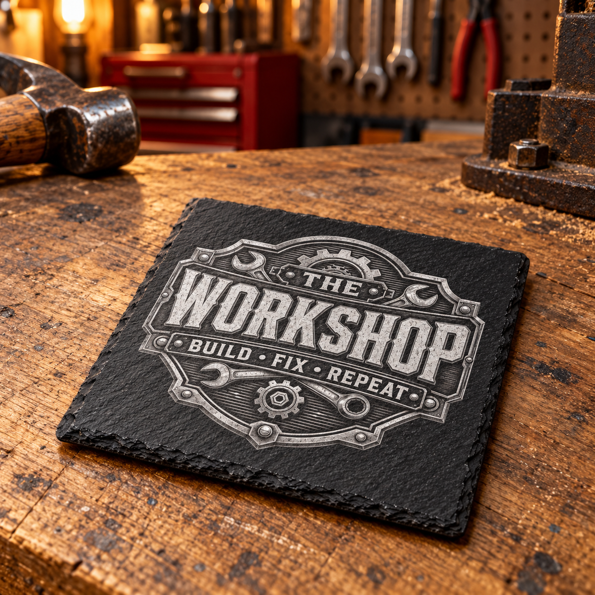 Glasunderlägg i skiffer med gravyr – The Workshop, 4-pack
