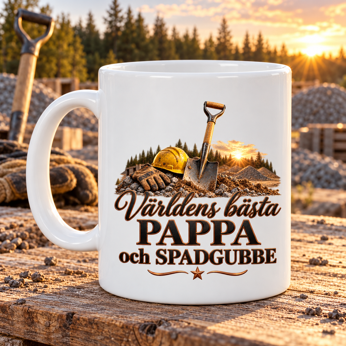 Vit mugg med spade, gul skyddshjälm, arbetshandskar och texten Världens bästa pappa och spadgubbe.