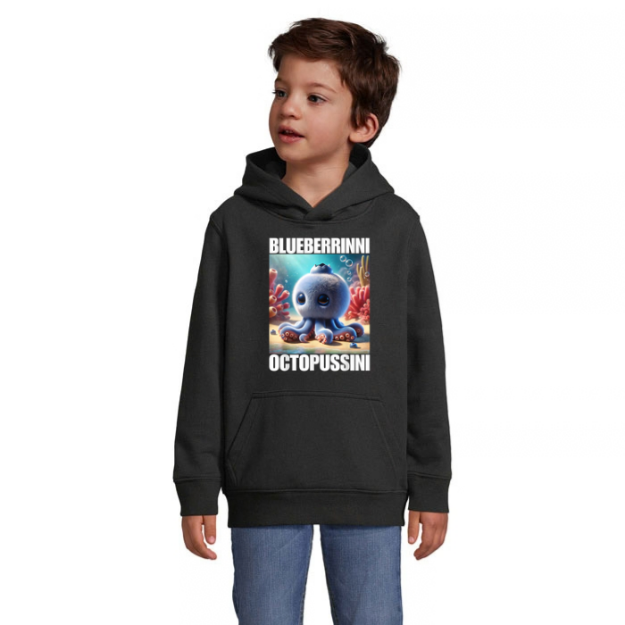 Blueberrinni Octopussini barnhoodie med färgstarkt bläckfiskmotiv framtill