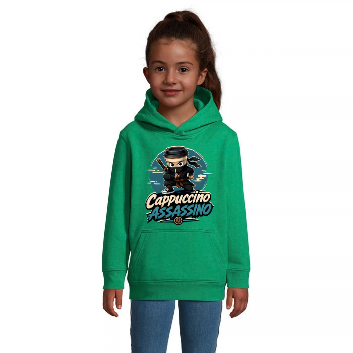 Cappuccino Assassino Ninja barnhoodie med stort tryck framtill