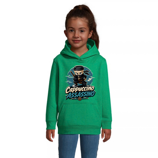 Cappuccino Assassino Ninja barnhoodie med stort tryck framtill