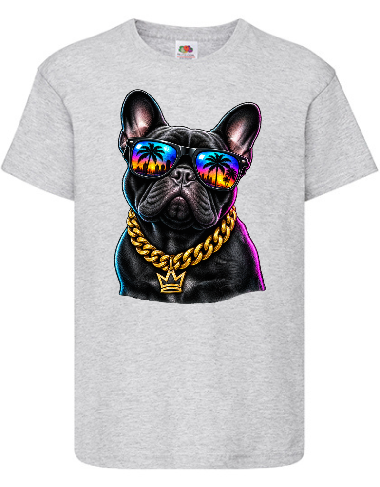 T-shirt med cool svart bulldog med färgglada solglasögon och guldkedja.