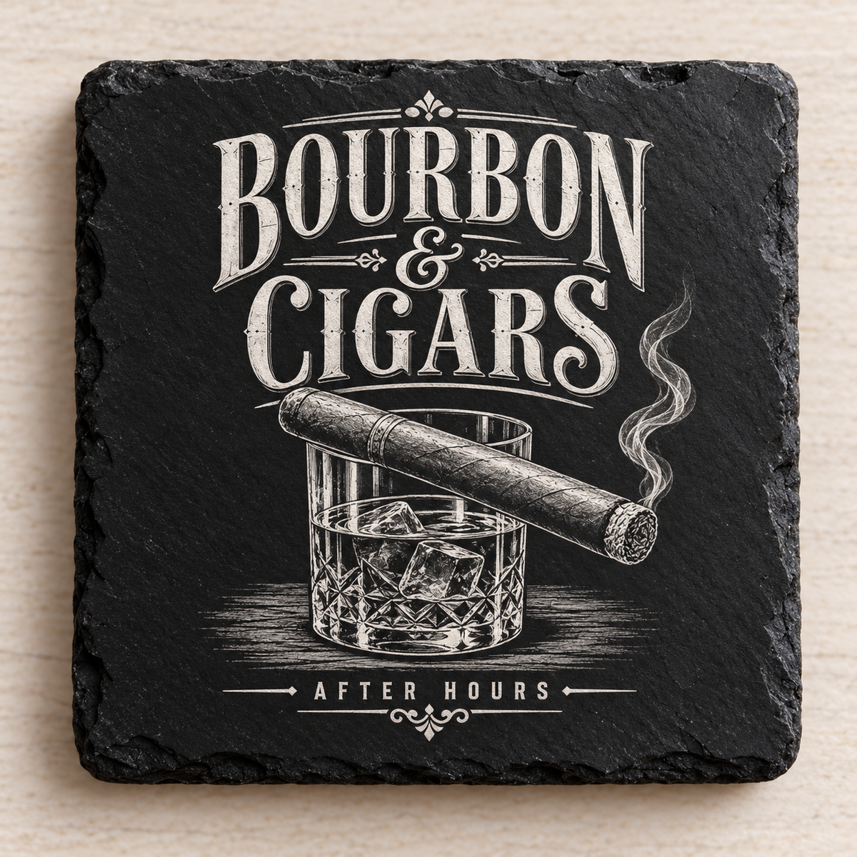 Glasunderlägg i skiffer med gravyr – Bourbon & Cigars, 4-pack