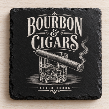 Glasunderlägg i skiffer med gravyr – Bourbon & Cigars, 4-pack