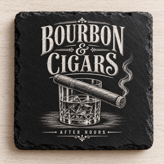 Glasunderlägg i skiffer med gravyr – Bourbon & Cigars, 4-pack