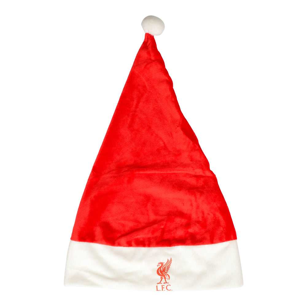 En röd tomteluva med vit kant och boll, prydd med Liverpool FC:s officiella klubbmärke.