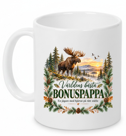 Mugg Världens bästa bonuspappa – Jaktmotiv med älg