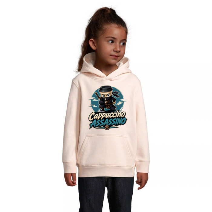 Cappuccino Assassino Ninja barnhoodie med stort tryck framtill