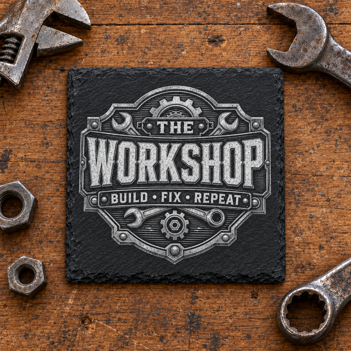 Glasunderlägg i skiffer med graverade skiftnycklar, kugghjul och texten The Workshop – Build Fix Repeat.