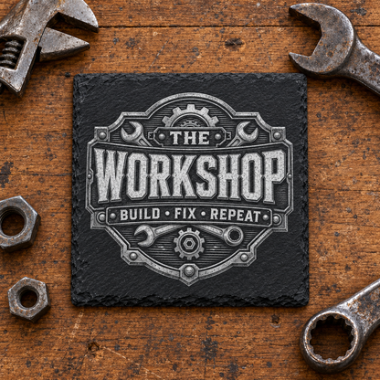Glasunderlägg i skiffer med graverade skiftnycklar, kugghjul och texten The Workshop – Build Fix Repeat.
